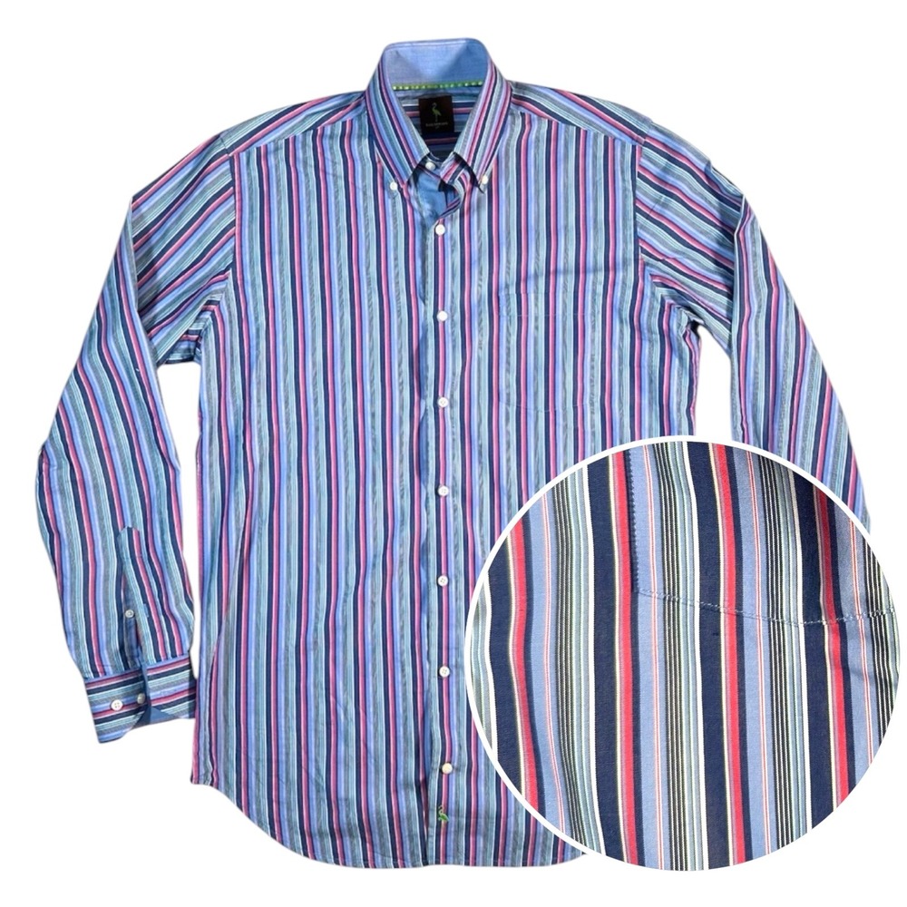 Tailorbyrd Mens LT Striped Button Down Shirt Blue Pink Long Sleeve Cotton